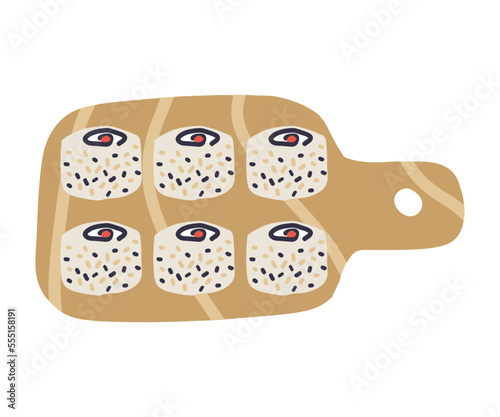 Sushi roll with salmon, avocado, cheese and sesame seeds on wooden plate. Cute hand drawn cartoon illustration for asian food menu, stickers, wall art, restaurant logo