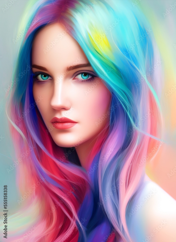 Beautiful woman with colorful hair. Generative AI