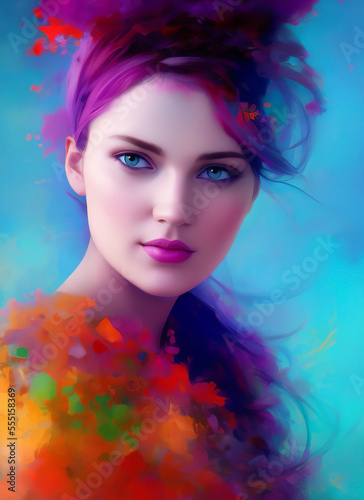 Beautiful woman with purple hair  painting of a beautiful girl. Digital illustration of a female face. Generative AI