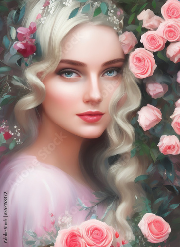 Portrait of a beautiful woman with flowers and roses. Generative AI