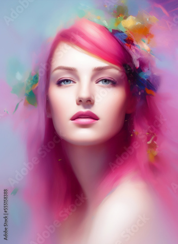 Portrait painting of a beautiful woman. Illustration of a beautiful girl. Beautiful woman painting with pink hair. Generative AI