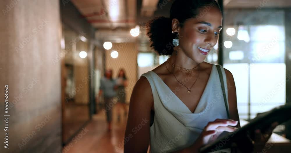 Business woman, tablet or walking in coworking office at night with deadline vision, digital marketing ideas or advertising schedule management. Smile, happy or creative designer working late on tech