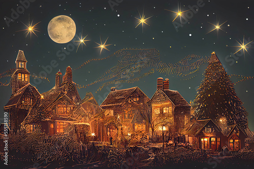 Illustration of a little town decorated for Christmas with the full moon and stars, AI generated image