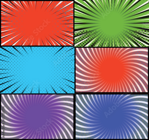 Comic book colorful frames background with halftone rays radial and dotted effects pop art style © Muhammad
