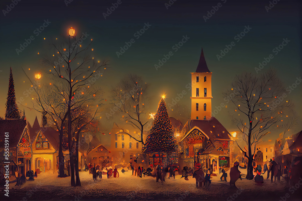 Square of a little town decorated for Christmas with a Christmas tree, evening winter scene, AI generated image Square of a little town decorated for Christmas with a Christmas tree, evening winter scene, AI generated image
