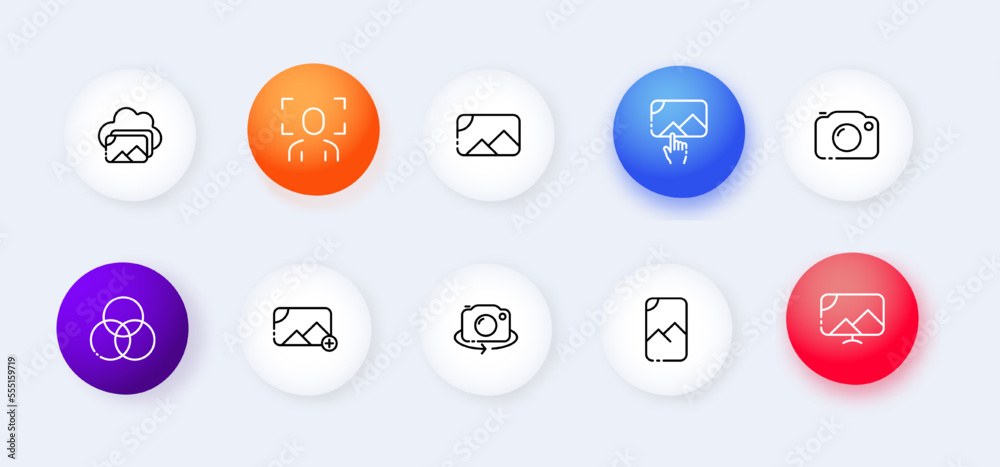 Information neomorphic flat icons set. Cloud, database, photo, picture, camera, scan, recognition, upload, rotate, add, pc, smartphone, desktop, wallpaper. Technology concept. Vector flat icons set Information neomorphic flat icons set. Cloud, database, photo, picture, camera, scan, recognition, upload, rotate, add, pc, smartphone, desktop, wallpaper. Technology concept. Vector flat icons set