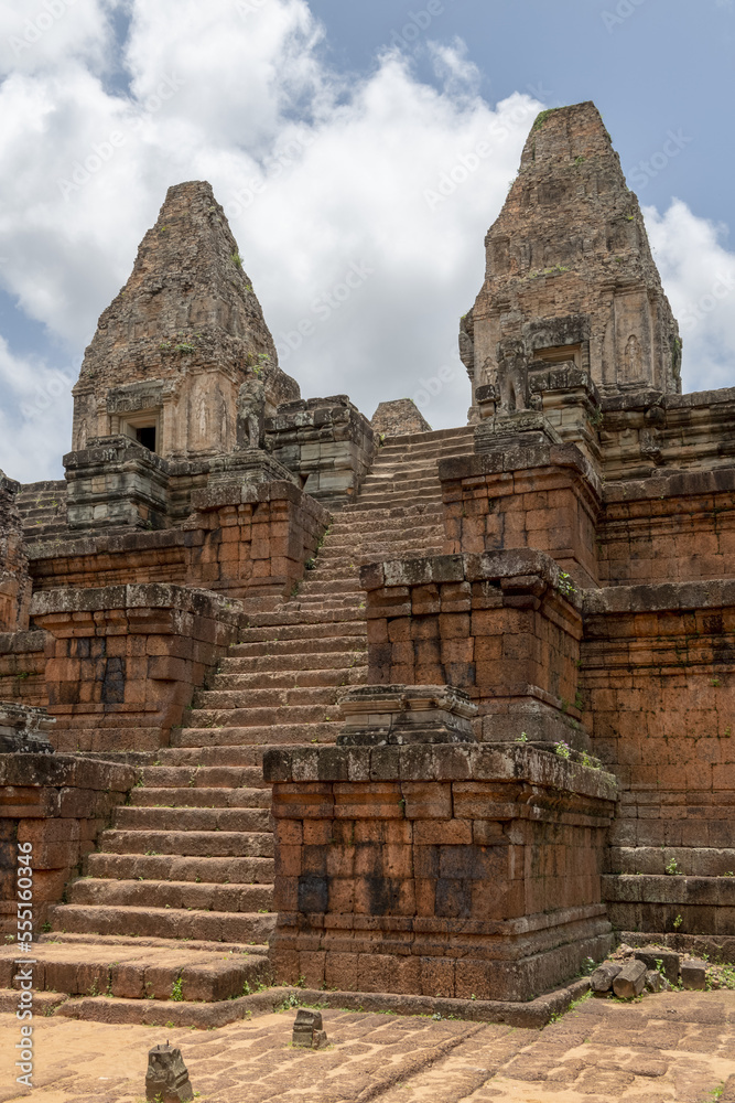 Steep stone steps climb to two towers, Pre Rup, Angkor Wat; Siem Reap, Siem Reap Province, Cambodia Steep stone steps climb to two towers, Pre Rup, Angkor Wat; Siem Reap, Siem Reap Province, Cambodia