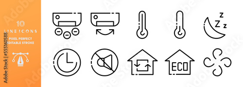 Air conditioning line icons set. Editable stroke, controls, home, air conditioner, thermometer, temperature, silent, night mode, circulation, air, flow. Technology concept. Vector black line icons set