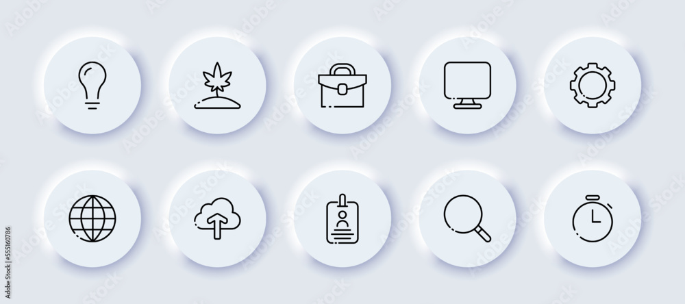 Business neomorphic line icons set. Idea, soil, diplomat, computer, settings, internet, cloud, badge, deadline, businessman, profit, shares, investments. Finance concept. Vector neomorphic icons set Business neomorphic line icons set. Idea, soil, diplomat, computer, settings, internet, cloud, badge, deadline, businessman, profit, shares, investments. Finance concept. Vector neomorphic icons set