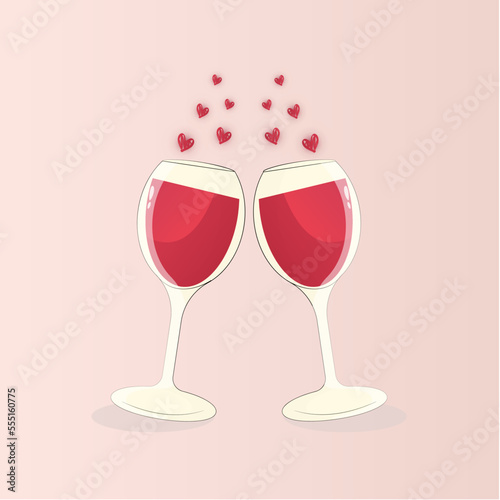 Two glasses of wine with hearts. Celebration of the festive event. Valentines day.