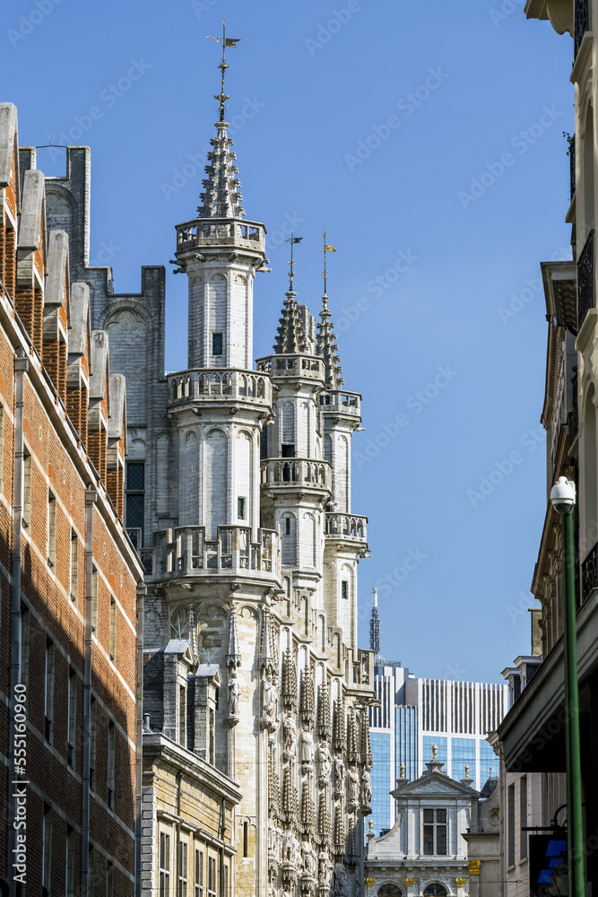 Tall building spires on decorative building with blue sky; Brussels, Belgium Tall building spires on decorative building with blue sky; Brussels, Belgium