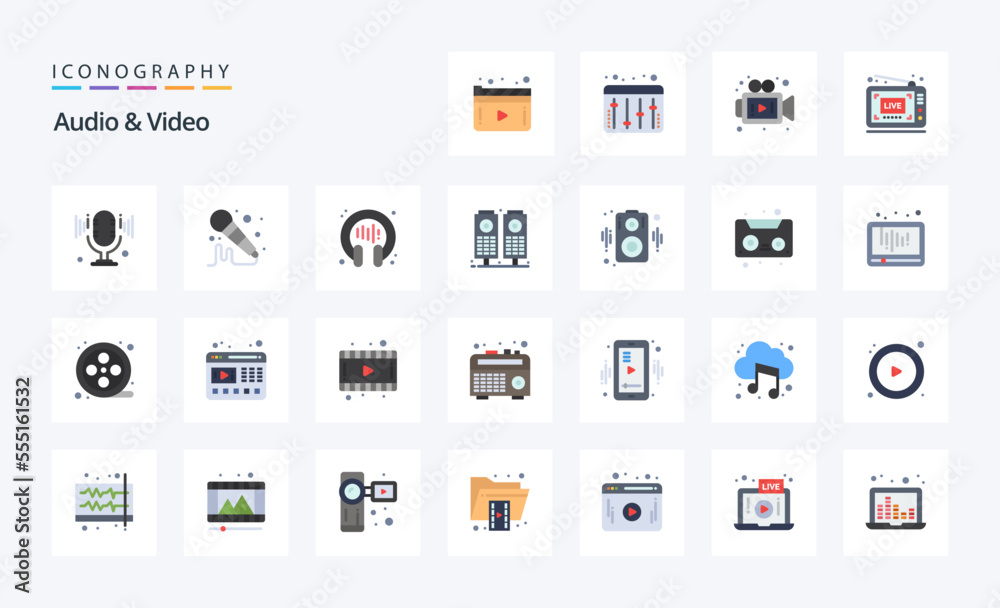 25 Audio And Video Flat color icon pack