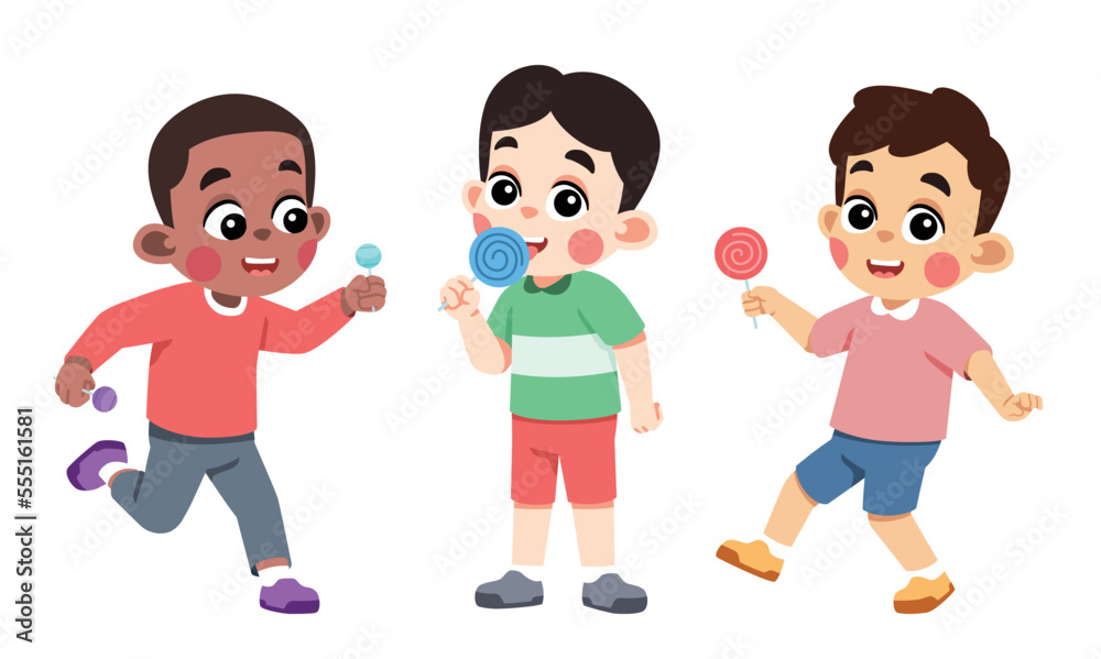 Three Kids Eating Candy and Lollypop Three Kids Eating Candy and Lollypop