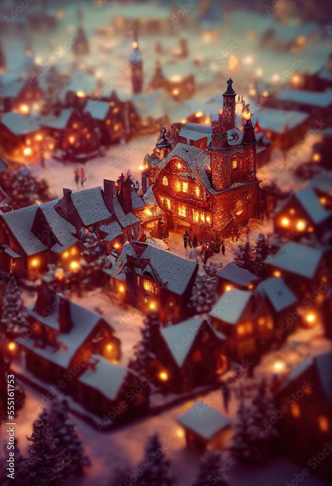 Beautiful little town decorated for Christmas, view from above, winter night, AI generated image