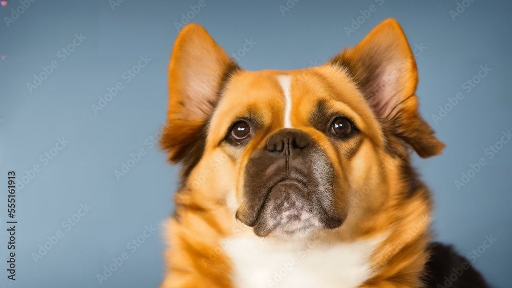 Obraz premium Studio photo of a happy Frenbch Bulldog dog. Studio lighting, studio backdrop, white, brown and black fur. Happy playful pet. 