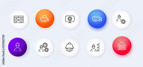 Construction flat icons set. Foreman, builder, setting, deadlines, tasks, building, warehouse, equipment, materials, transport, transportation. industry concept. Vector neomorphic line icons set