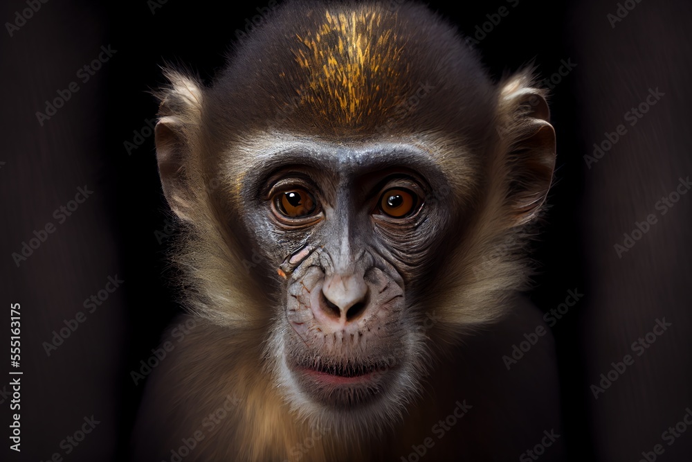 Close-up of a Monkey isolated on a black background. Generative AI Close-up of a Monkey isolated on a black background. Generative AI