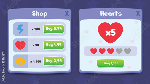 Game UI Cartoon Pop Up Window Shop and Hearts with different buttons and icons. Set of user interface GUI to build 2D games. Can be used in mobile, web or video games