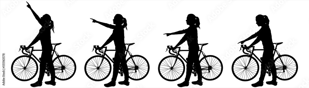 The cyclist is standing next to the bike. A girl with the bicycle holds the handlebars of the bicycle with her hand, with the other hand she shows the direction: up, down, sideways. Isolated on white
