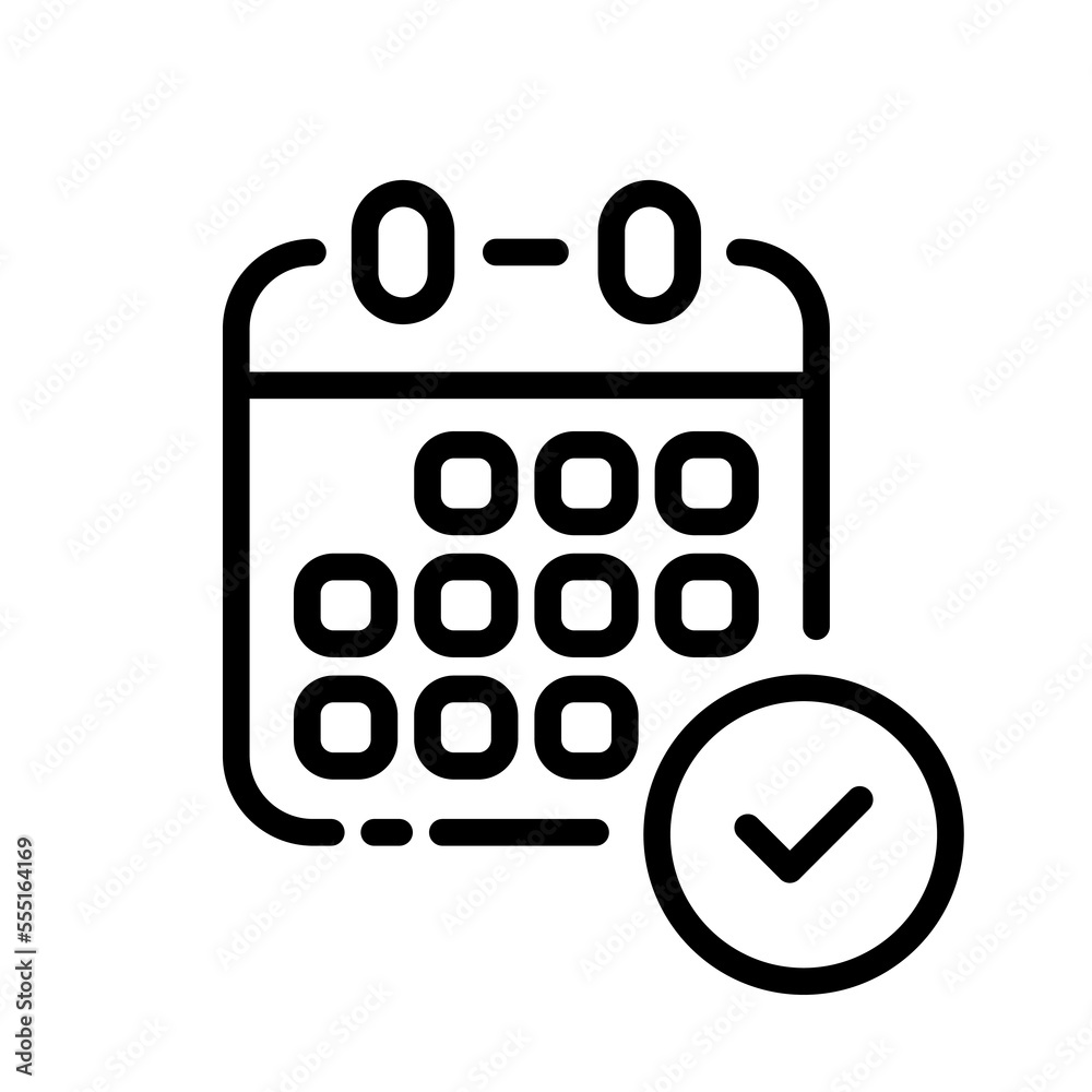 Calendar line icon. Schedule, day, week, month, date, tick, event, holiday, season, schedule, reminder, deadline. Deadline concept. Vector black line icon on white background Calendar line icon. Schedule, day, week, month, date, tick, event, holiday, season, schedule, reminder, deadline. Deadline concept. Vector black line icon on white background