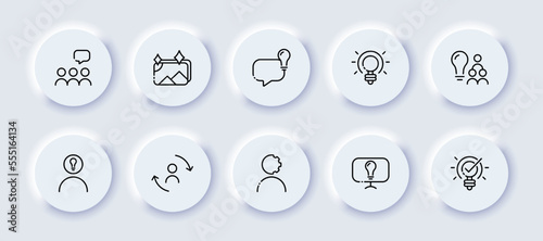 Idea neomorphic line icons set. Light bulb, sparkle, speech bubble, creativity, team, thoughts, electricity, theory, conjecture, understanding. Thinking concept. Vector neomorphic line icons set