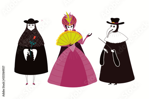 People in traditional Venetian carnival costumes bauta, doctor, ball gown, isolated on white. Hand drawn characters vector illustration. Venice carnival concept. Poster, flyer, banner design element