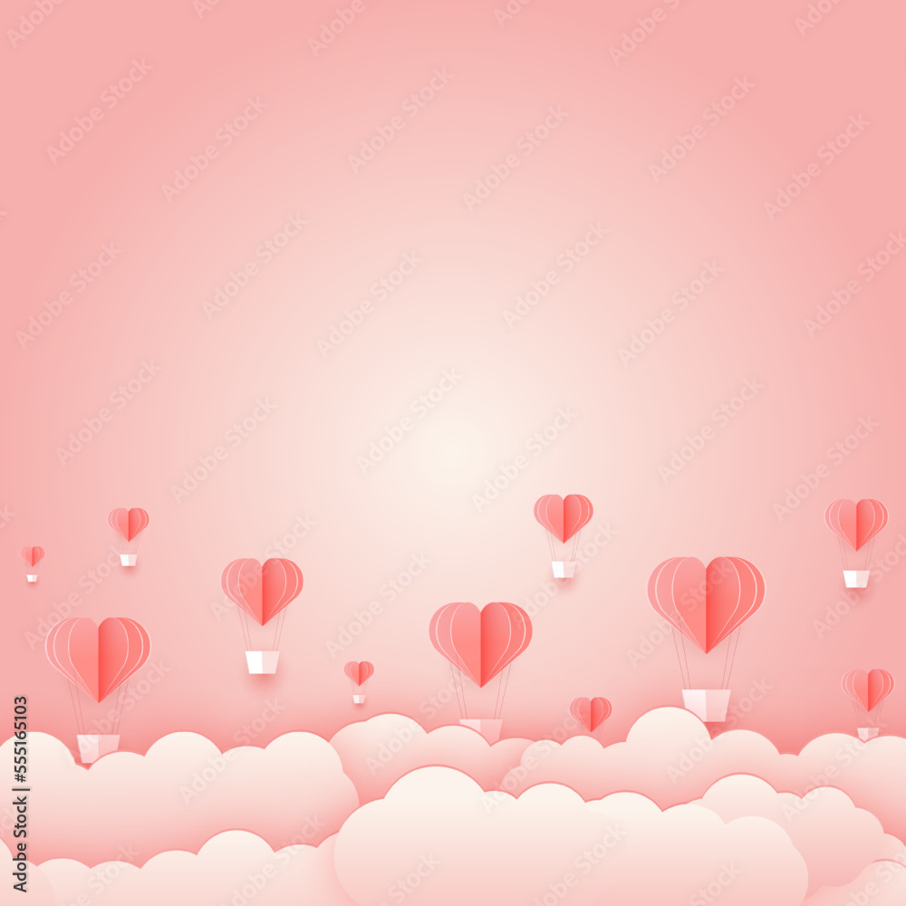 Paper cut concept Balloon flying on the sky. Vector art and illustration of love and valentine, Digital paper craft style. Paper art of pink background. for Happy Women's, Mother's, Valentine's Day,