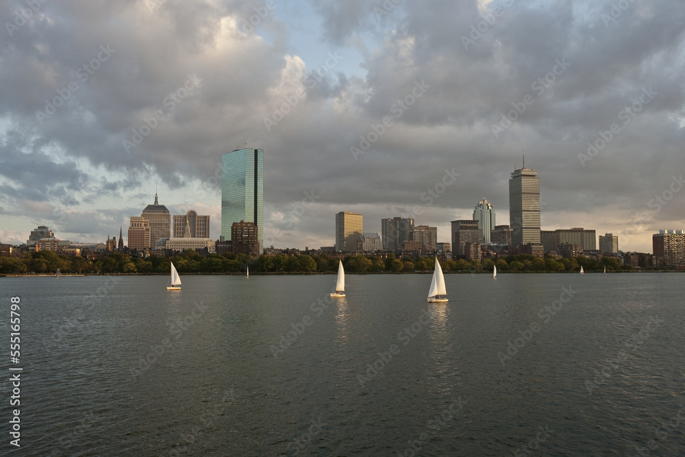 Sailboats in the river with skyscraper in the background, Charles River, Back Bay, Boston, Suffolk County, Massachusetts, USA Sailboats in the river with skyscraper in the background, Charles River, Back Bay, Boston, Suffolk County, Massachusetts, USA