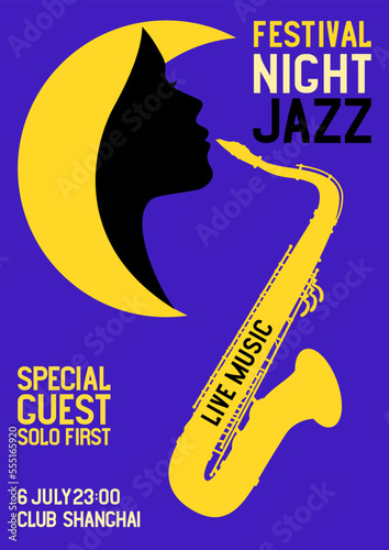 Jazz festival poster with saxophone, woman profile, girl moon, music media banner with the words night jazz festival. Vector illustration digital design.