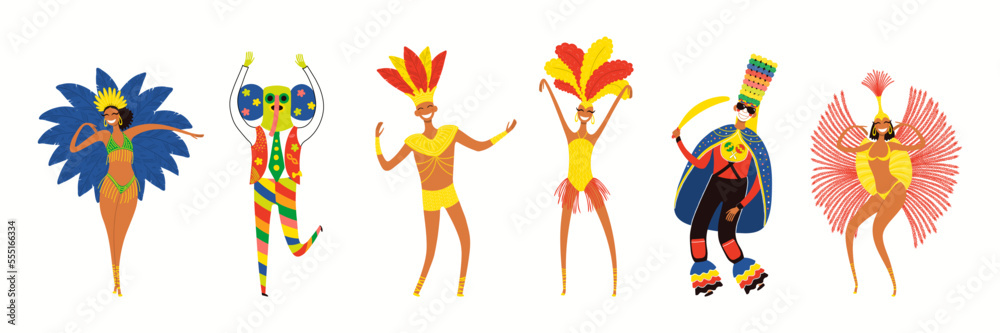 People, dancers in Colombian carnival traditional costumes, isolated on white. Hand drawn cartoon characters vector illustration. Barranquilla concept, design element for poster, flyer, banner People, dancers in Colombian carnival traditional costumes, isolated on white. Hand drawn cartoon characters vector illustration. Barranquilla concept, design element for poster, flyer, banner