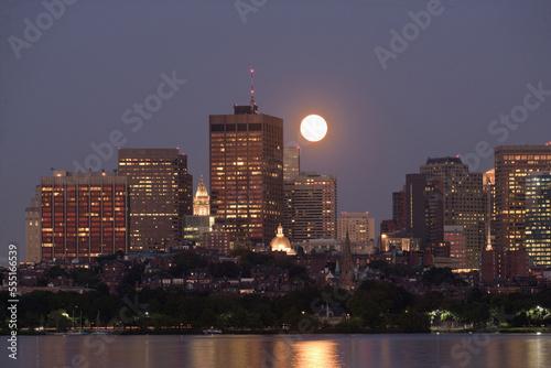 Full moon over city, Custon House, Charles River, Beacon Hill, Boston, Suffolk County, Massachusetts, USA photo