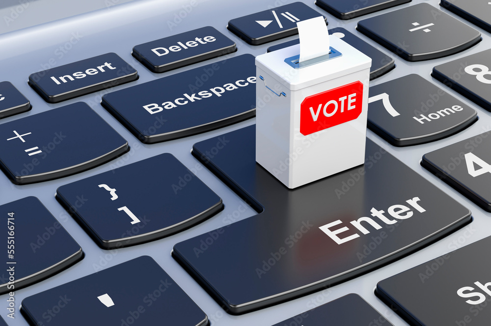 Fototapeta premium Online election, online voting concept. Ballot box on laptop keyboard, 3D rendering