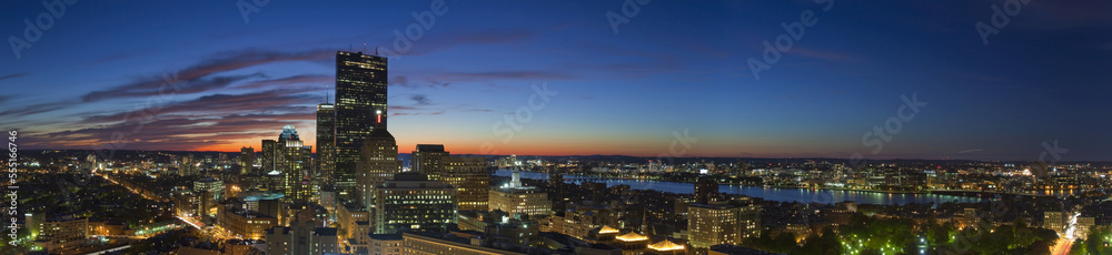 Panorama of sunset on Boston Back Bay looking west at The Charles River, Boston, Suffolk County, Massachusetts, USA Panorama of sunset on Boston Back Bay looking west at The Charles River, Boston, Suffolk County, Massachusetts, USA