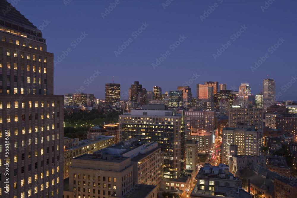 City lit up at dusk, Stuart Street, John Hancock Tower, Boston, Suffolk County, Massachusetts, USA City lit up at dusk, Stuart Street, John Hancock Tower, Boston, Suffolk County, Massachusetts, USA