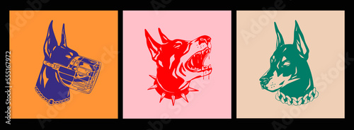 Portraits of a Doberman dog. Set of three various heads. Dog with spiked and chain collar, dog with muzzle. Calm and Barking doberman. Hand drawn Vector illustration. Print, tattoo idea, logo template