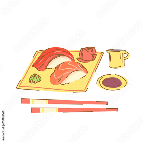 Set of two nigiri tuna and salmon sushi served on a platter with chopsticks, ginger and wasabi.
