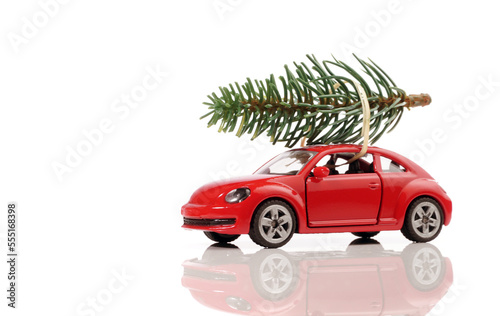 Model Car with Christmas Tree isolated on white background