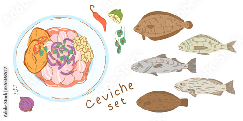 A set of ceviche with fish for cooking and a plate with an appetizer. Fish ceviche with sweet potato