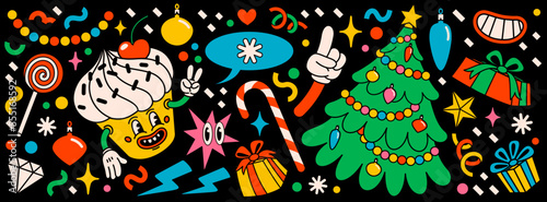 Merry Christmas and Happy New year pack of trendy retro cartoon characters. G...