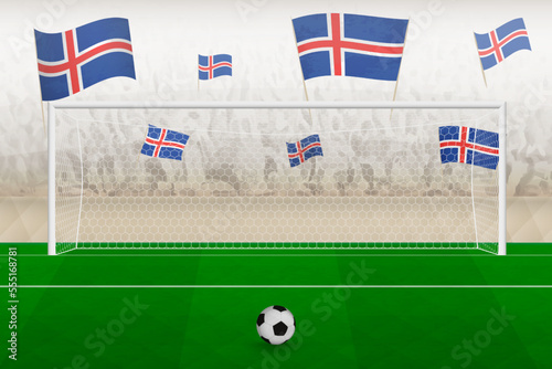 Iceland football team fans with flags of Iceland cheering on stadium, penalty kick concept in a soccer match.