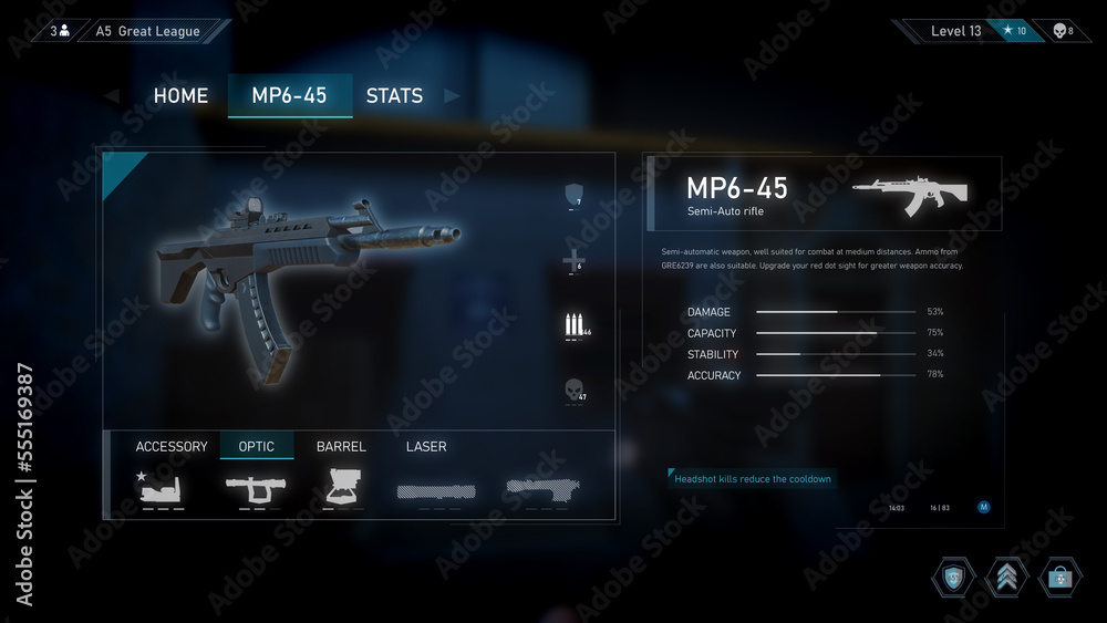 Video Game Mock-up Concept: Game play 3D Shooter Online Multiplayer Battle.  FPS for Pro Gamers. POV Person Playing, Shooting Enemies, Scoring KIlls.  Online Tournament Cyber Championship Stock Illustration