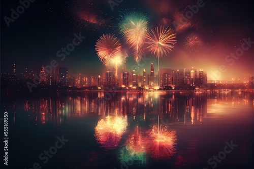 New year's eve fireworks, city skyline - generative ai © Infinite Shoreline