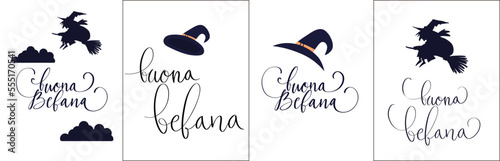 Buona Befana translation Happy Epiphany card for Italian holidays. Handwritten lettering, old witch flying on a broom in the night to bring presents.