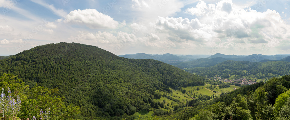 Panorama vom Pfälzer Wald in Deutschland mit blauen Himmel und Wolken.