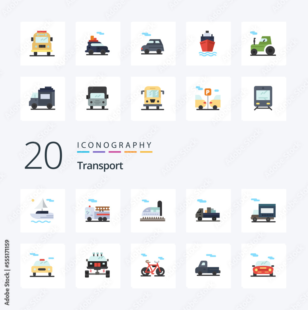 20 Transport Flat Color icon Pack like electric vehicle tunnel van ...