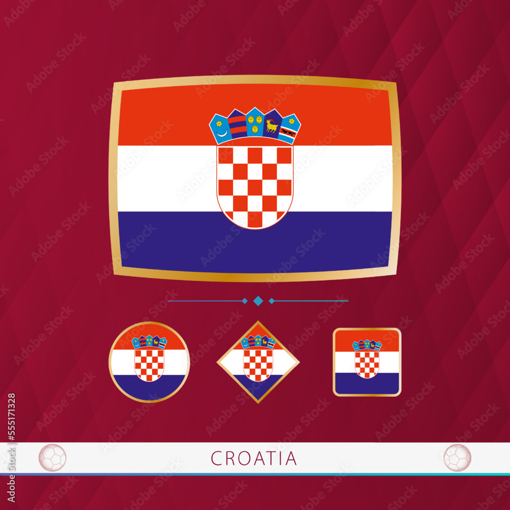 Naklejka premium Set of Croatia flags with gold frame for use at sporting events on a burgundy abstract background.