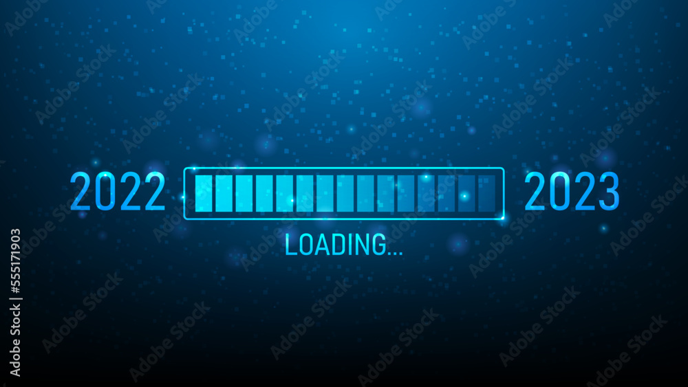 2023 loading bar technology digital on blue dark background. happy new year 2023 . Start goal plan and strategy. vector illustration fantastic hi tech design. - obrazy, fototapety, plakaty 