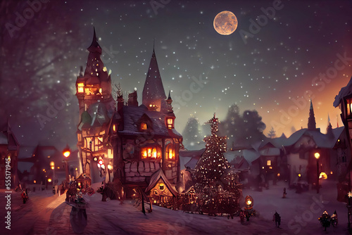 Beautiful little old town decorated for Christmas, twilight winter scene with snow, full moon in the sky, AI generated image
