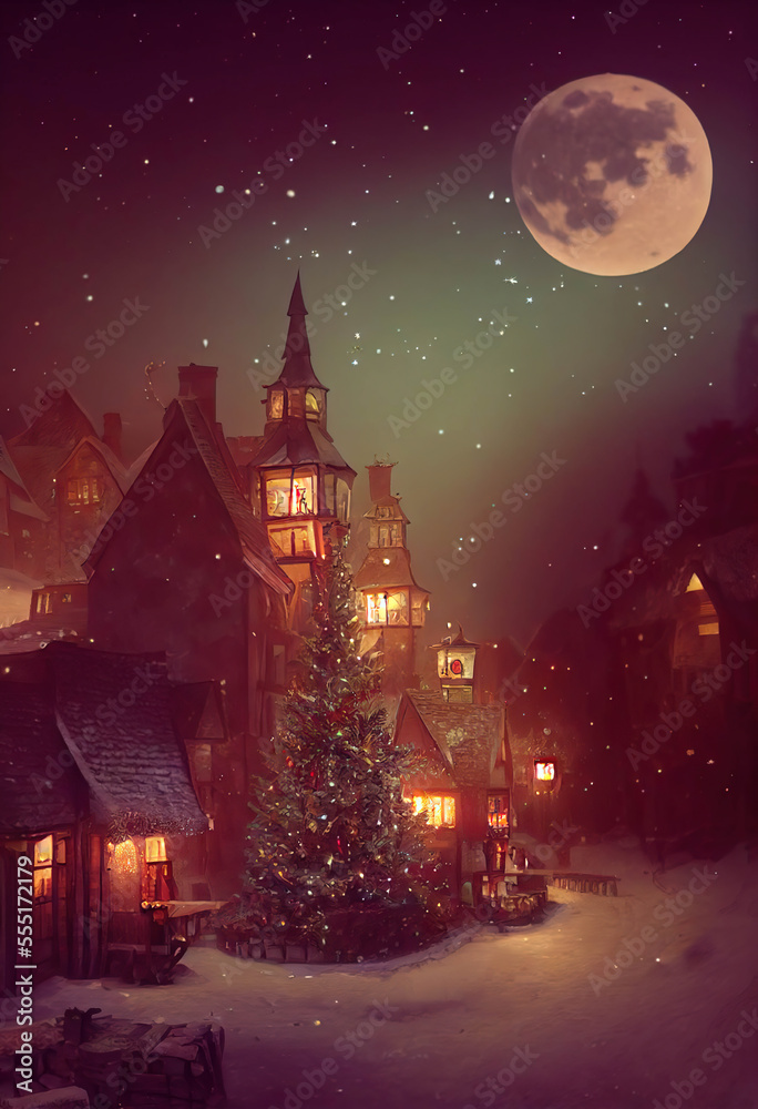 Beautiful old little town decorated for Christmas, snowy winter night scene with the full moon, AI generated image
