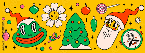 Merry Christmas and Happy New year pack of trendy retro cartoon characters. Groovy hippie Christmas stickers with Santa Claus, Christmas tree, frog and winter objects. Vector Cartoon characters and